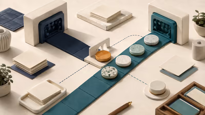 Client tokens move from a navy connector lane to a teal lane while amber and unassigned tokens await a decision.