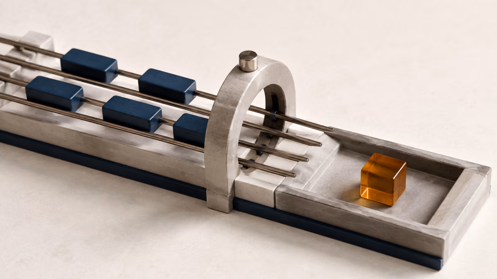 Conceptual model of repeated blue request tokens producing one amber result through a verification gate.