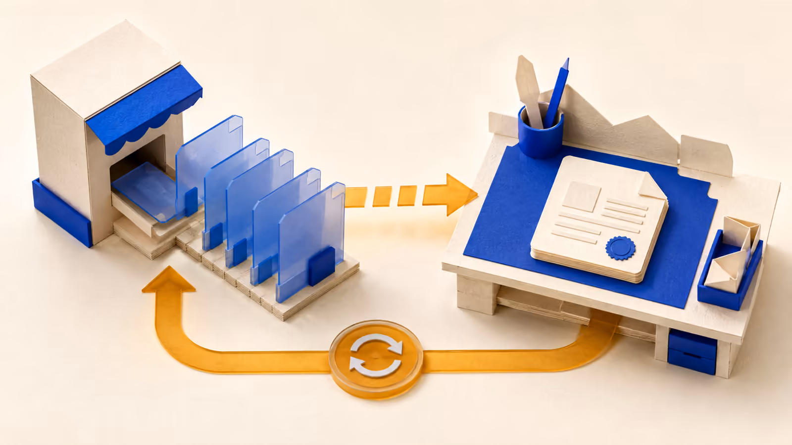 Paper-sculpture intake station, queued blue cards and a separate report workbench with an amber status-check loop.