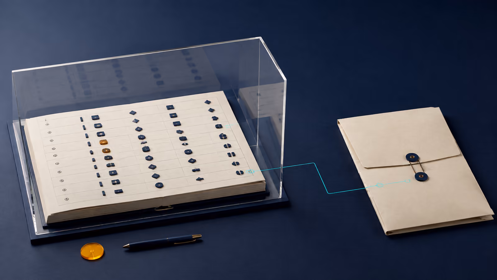 A protected ledger of abstract event tokens links to a closed document envelope without exposing its contents.