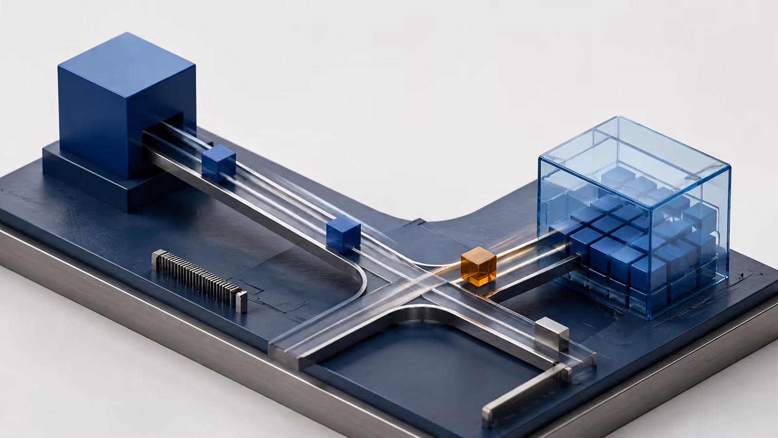 Conceptual blue database and transparent cache model with crossing delivery paths and an amber outdated tile.