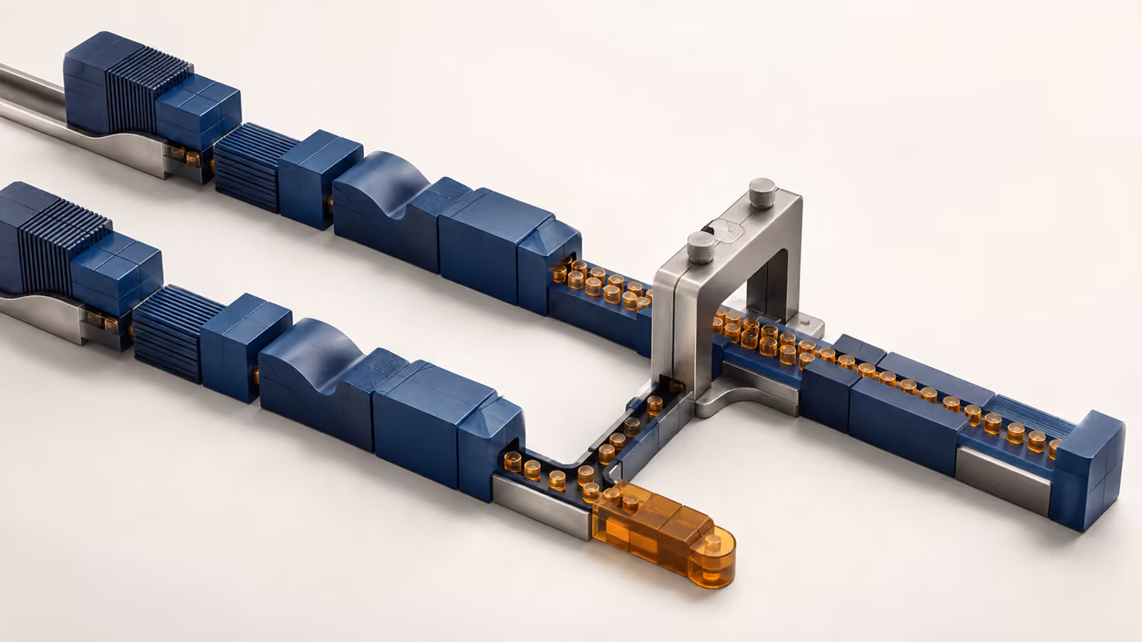 Conceptual model of a narrow amber candidate lane and a larger blue stable lane with separate traffic tokens and an inspection gate.