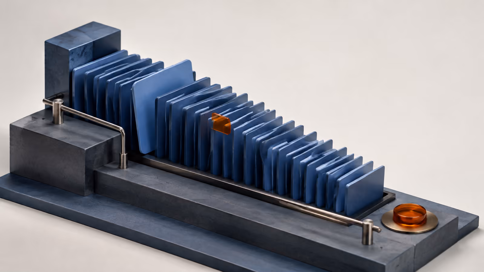Conceptual staircase of blue index cards with an amber bookmark and a new card inserted near the beginning.