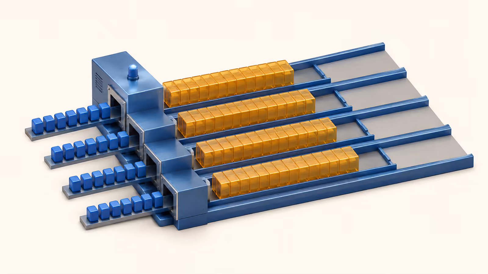 Four blue connection channels occupied by amber waiting blocks, with a queue of small request tokens in front.