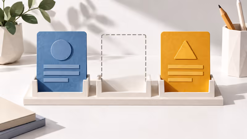 Paper cards in three slots represent an unchanged value, an empty position and a replacement.