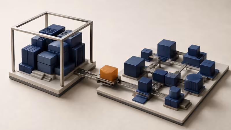 Conceptual model of a compact managed platform connected by a transfer rail to a configurable arrangement of separate cloud service modules.