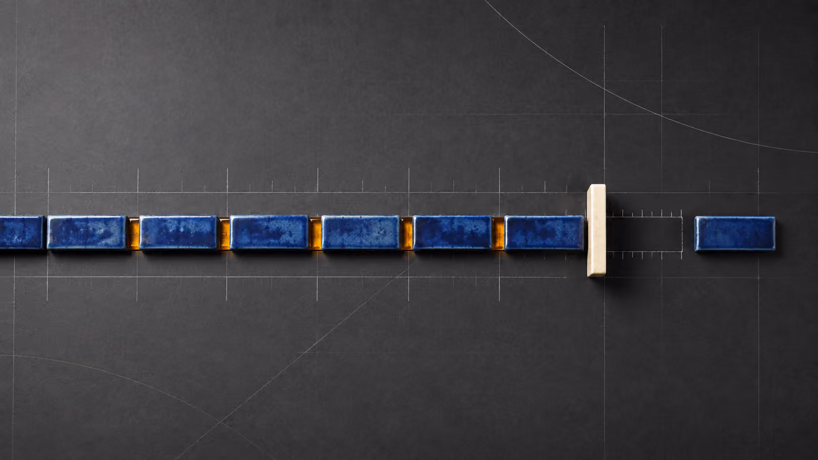 Blue ceramic timeline segments and amber gaps approach a fixed ivory stop, with an extra segment that cannot fit.