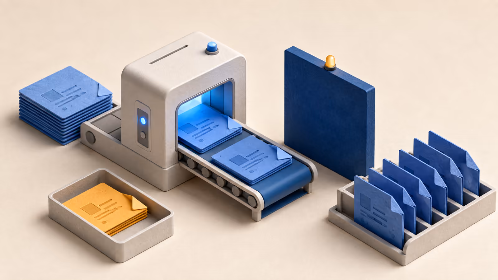 Blue document cards passing through a validation gate, with amber cards set aside and accepted cards in orderly slots.