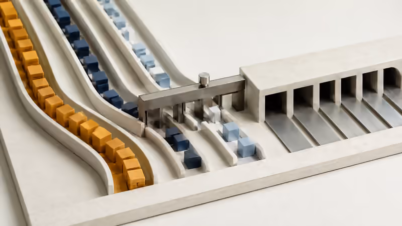 Conceptual model of busy amber and quieter blue job lanes entering shared processing slots.