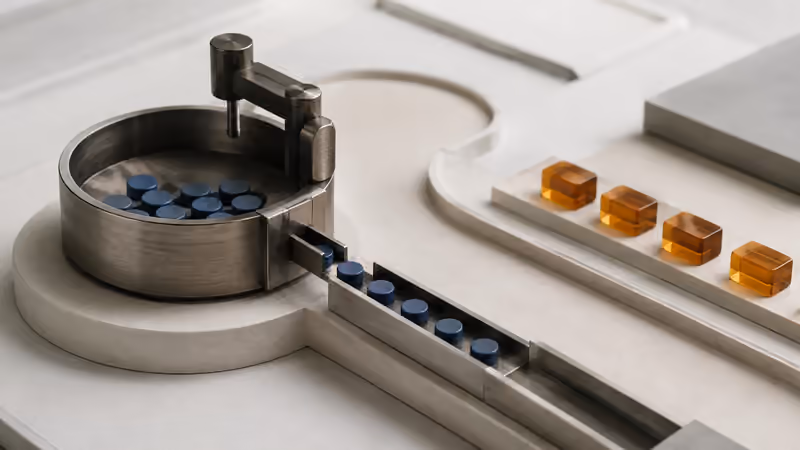 Conceptual regulator holding a finite reserve of blue tokens and releasing them into a narrow channel beside larger amber work blocks.