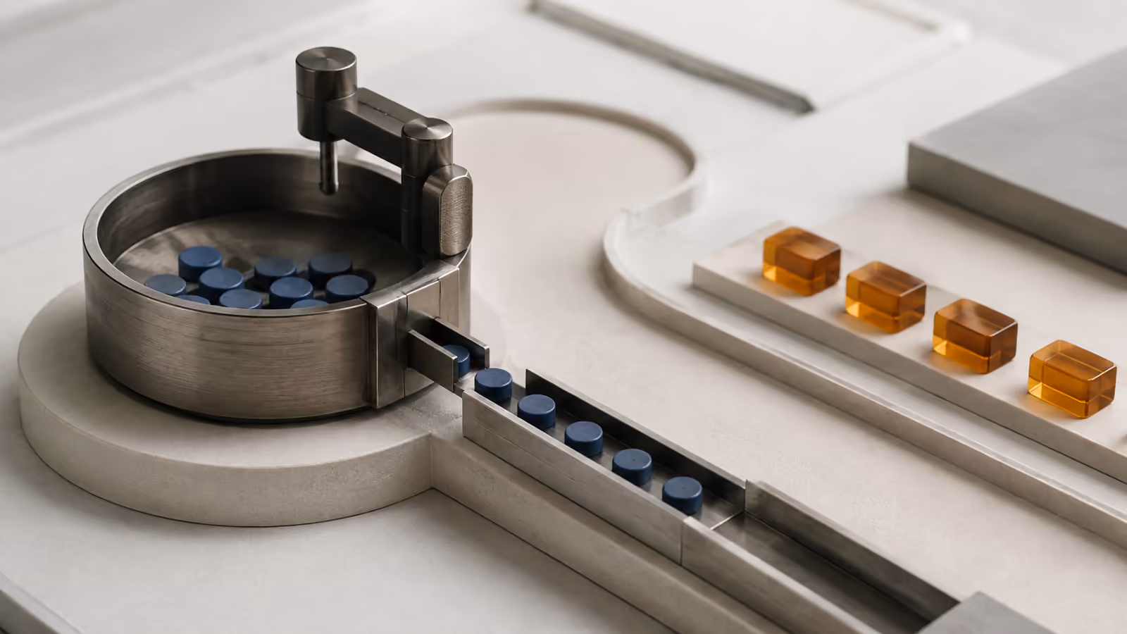 Conceptual regulator holding a finite reserve of blue tokens and releasing them into a narrow channel beside larger amber work blocks.