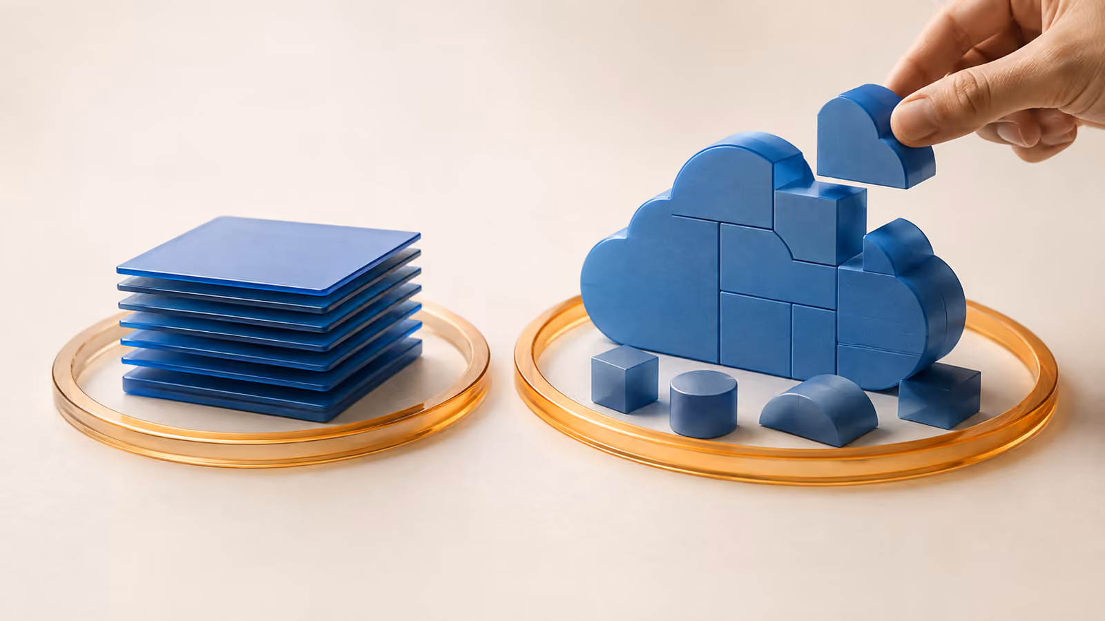 A blue service model being assembled beside a stack of preserved data layers, with two separate amber clock-like rings.
