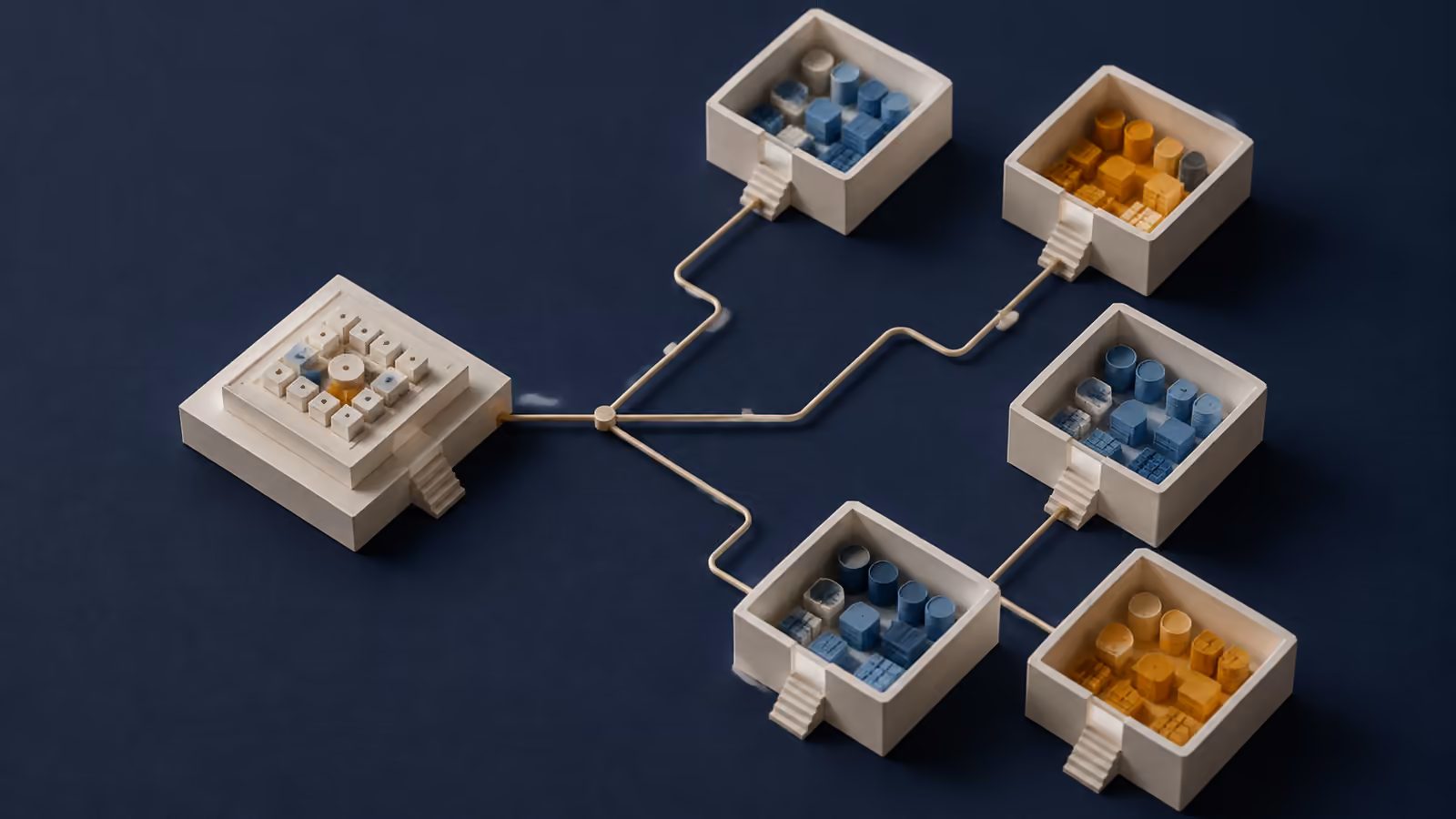 Architectural model of separate compartments connected to a central routing block, illustrating tenant assignment to deployment cells.
