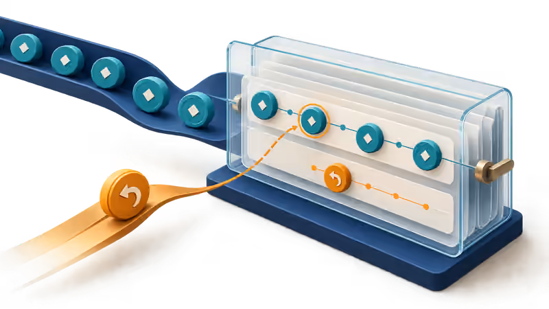 Usage tokens enter a ledger while a correction points back to an earlier entry.
