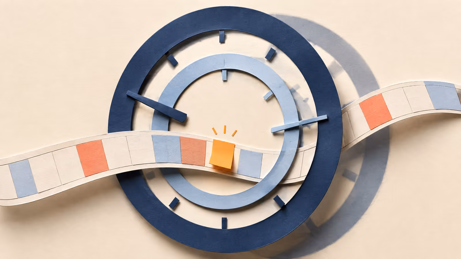 A calendar ribbon crosses two offset clock rings with a small amber task tile between their shadows.