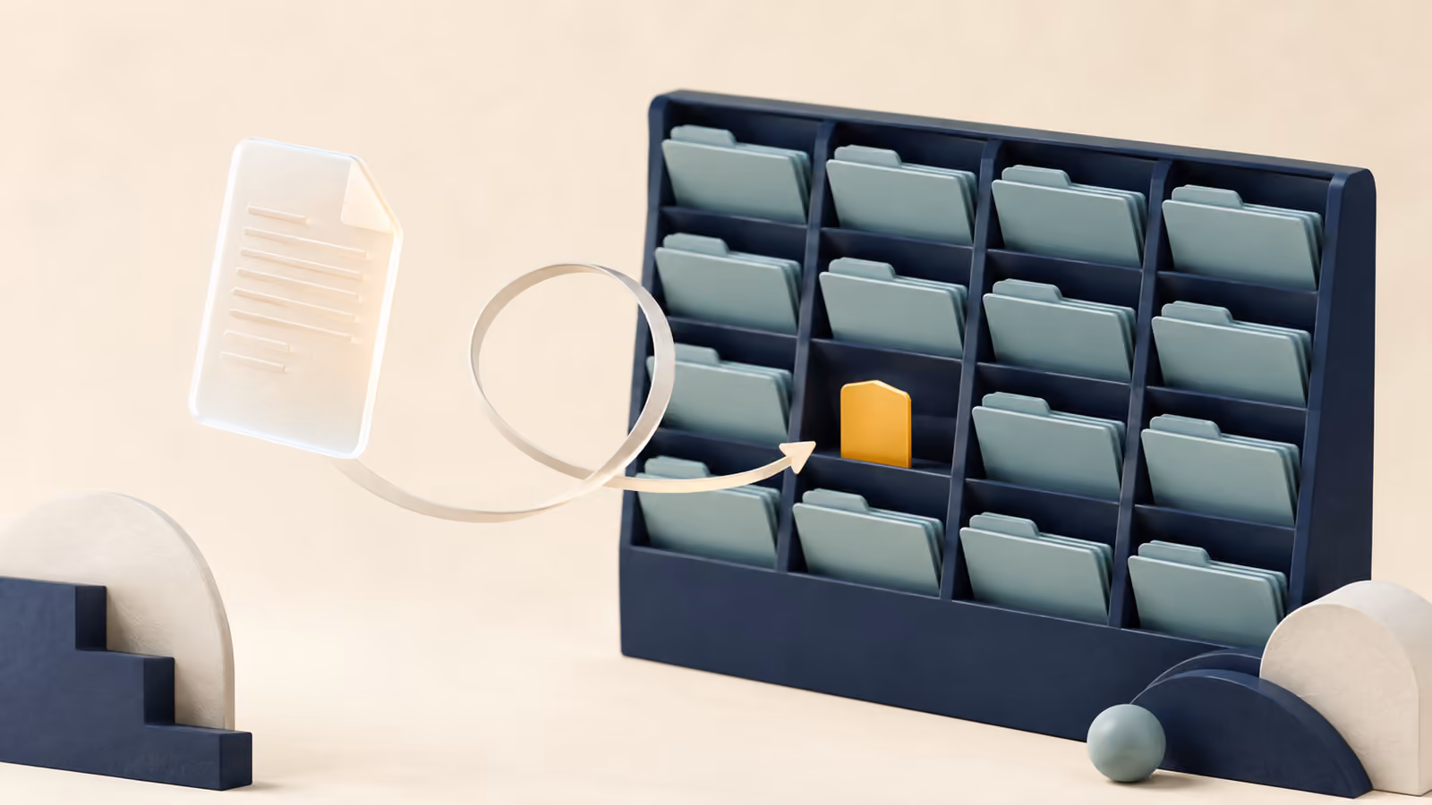 An amber marker in a search filing grid stops a translucent older document returning along a loop.