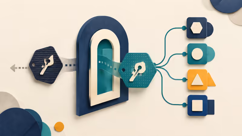 Two credential tokens pass through a gateway to application modules.