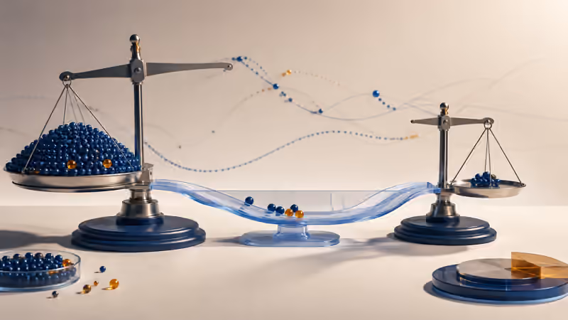 Two balances hold unequal populations of navy request beads with a few amber errors.