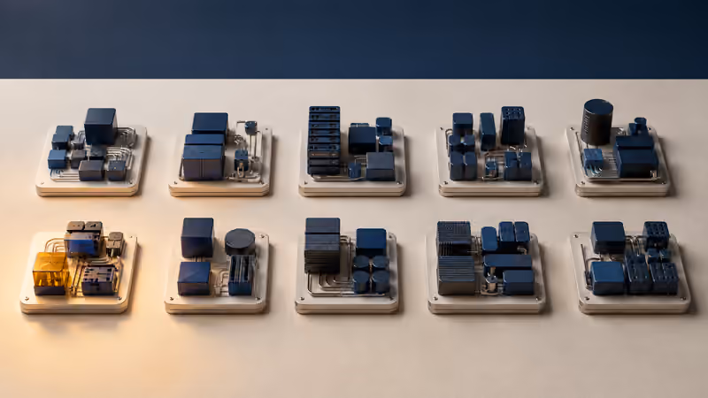 Conceptual models of ten modular software workstations, with an amber element on the featured first station.