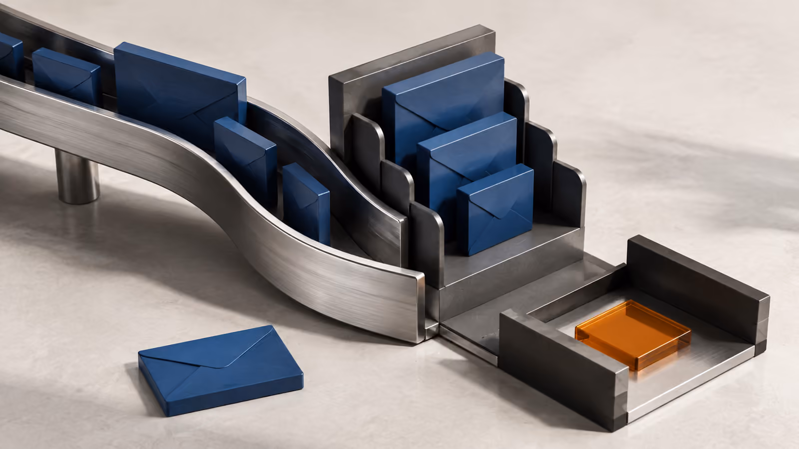 Conceptual model of blue webhook envelopes arriving at a sorting rack beside a protected amber state tile.