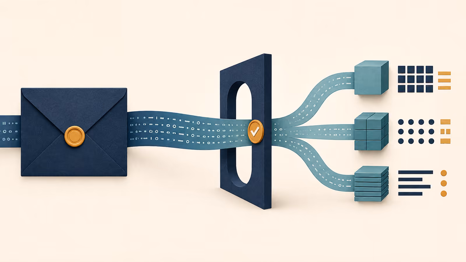 A sealed message crosses a verification gate before separating into structured data.