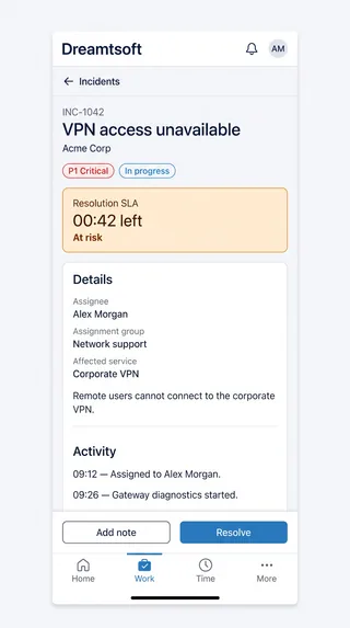 Dreamtsoft mobile view of a VPN incident with its assignee, SLA timer and activity history