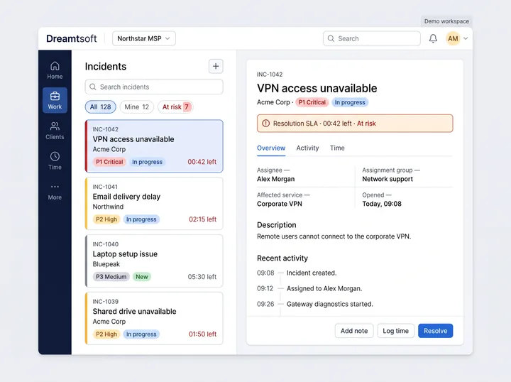 Dreamtsoft incident queue beside a VPN incident with priority, status, assignee and activity